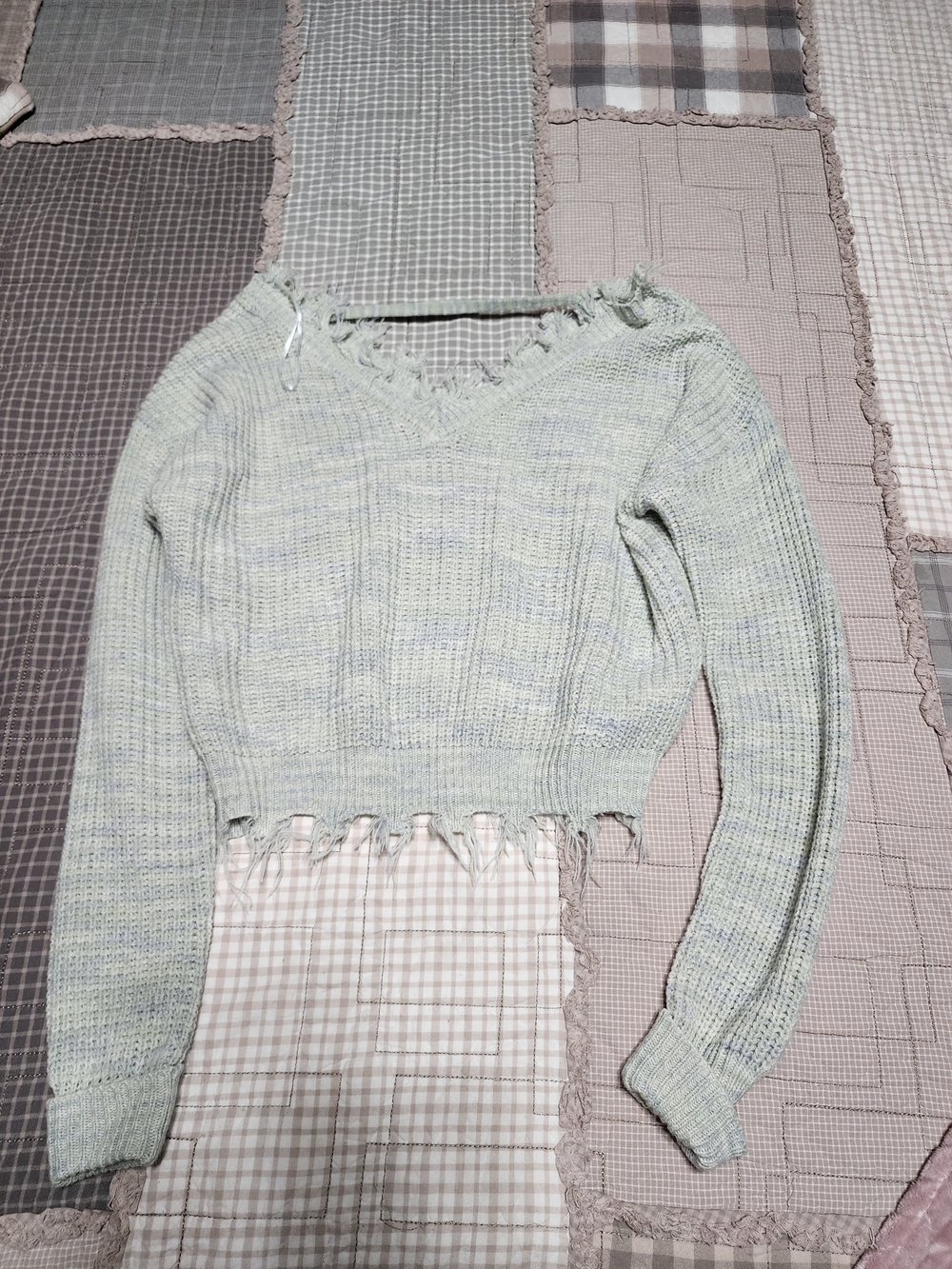 Cloud Chaser Distressed V-Neck Sweater in Light Sage